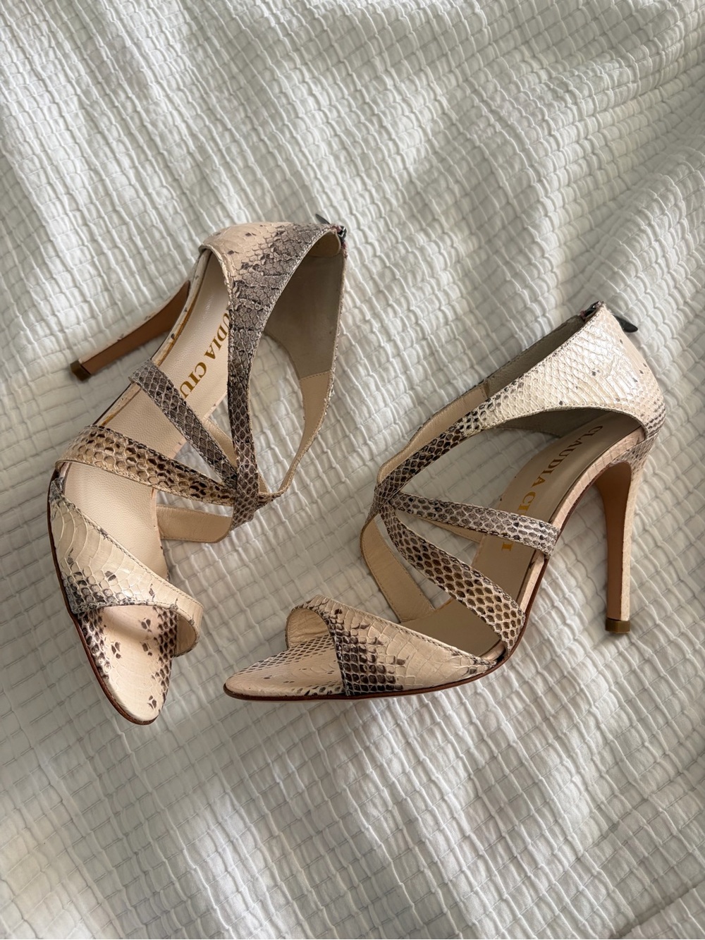 Claudia Ciuti Beige Snake-Print Strappy High Heel Sandals